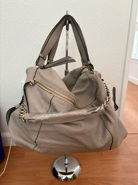 Neutral Taupe Leather Hobo Bag with Gold Chain Detail
